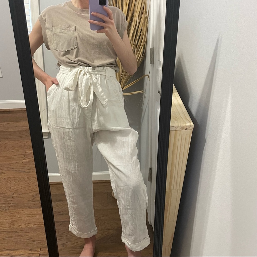 Free People Cream High-Waist Paperbag Linen Trousers